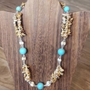 Vintage Handcrafted Chipped Jasper, Pearl & Faux Turquoise Necklace